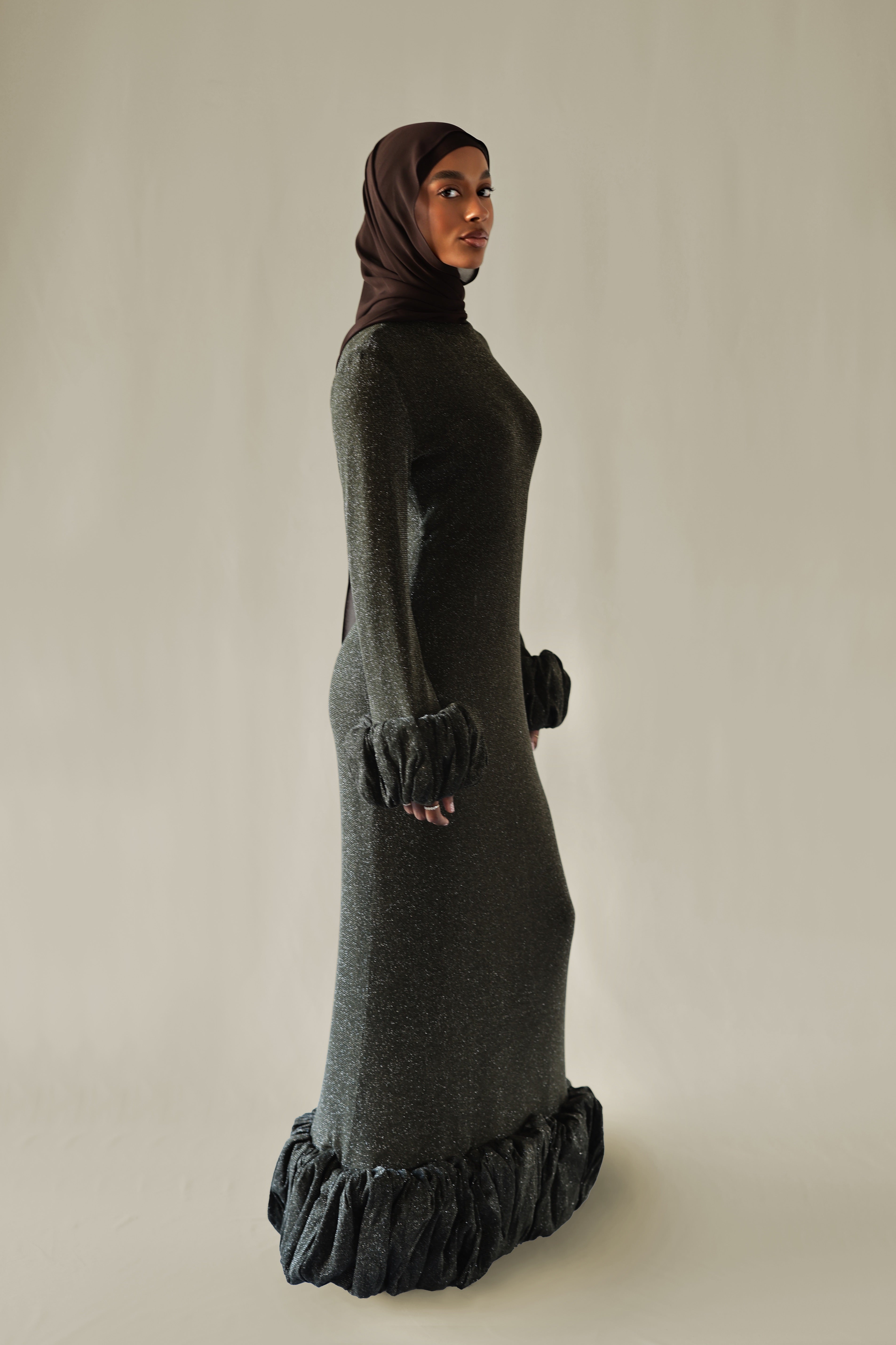 go couture long sleeve maxi dress Lilah Olive Cloud Gown